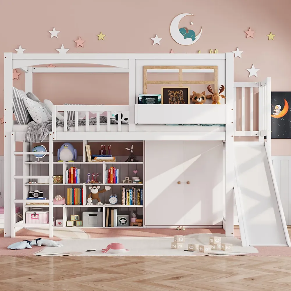Redom Lit superposé 90x200 cm avec toboggan et armoire intégrée, échelle 4 marches, structure pin et MDF*Enfant Lit Enfant