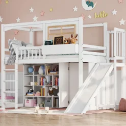 Redom Lit superposé 90x200 cm avec toboggan et armoire intégrée, échelle 4 marches, structure pin et MDF*Enfant Lit Enfant