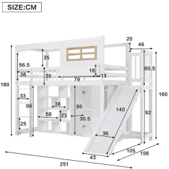 Redom Lit superposé 90x200 cm avec toboggan et armoire intégrée, échelle 4 marches, structure pin et MDF*Enfant Lit Enfant