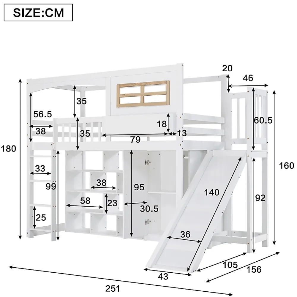 Redom Lit superposé 90x200 cm avec toboggan et armoire intégrée, échelle 4 marches, structure pin et MDF*Enfant Lit Enfant