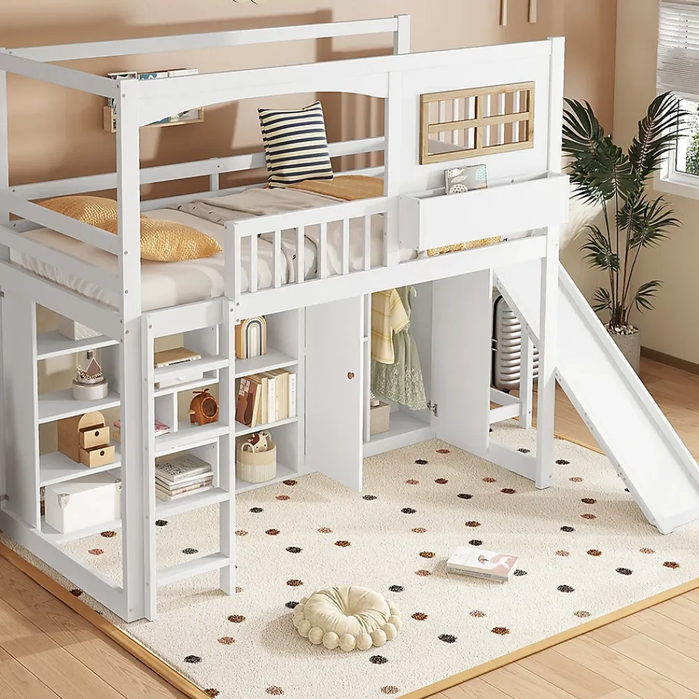 Redom Lit superposé 90x200 cm avec toboggan et armoire intégrée, échelle 4 marches, structure pin et MDF*Enfant Lit Enfant