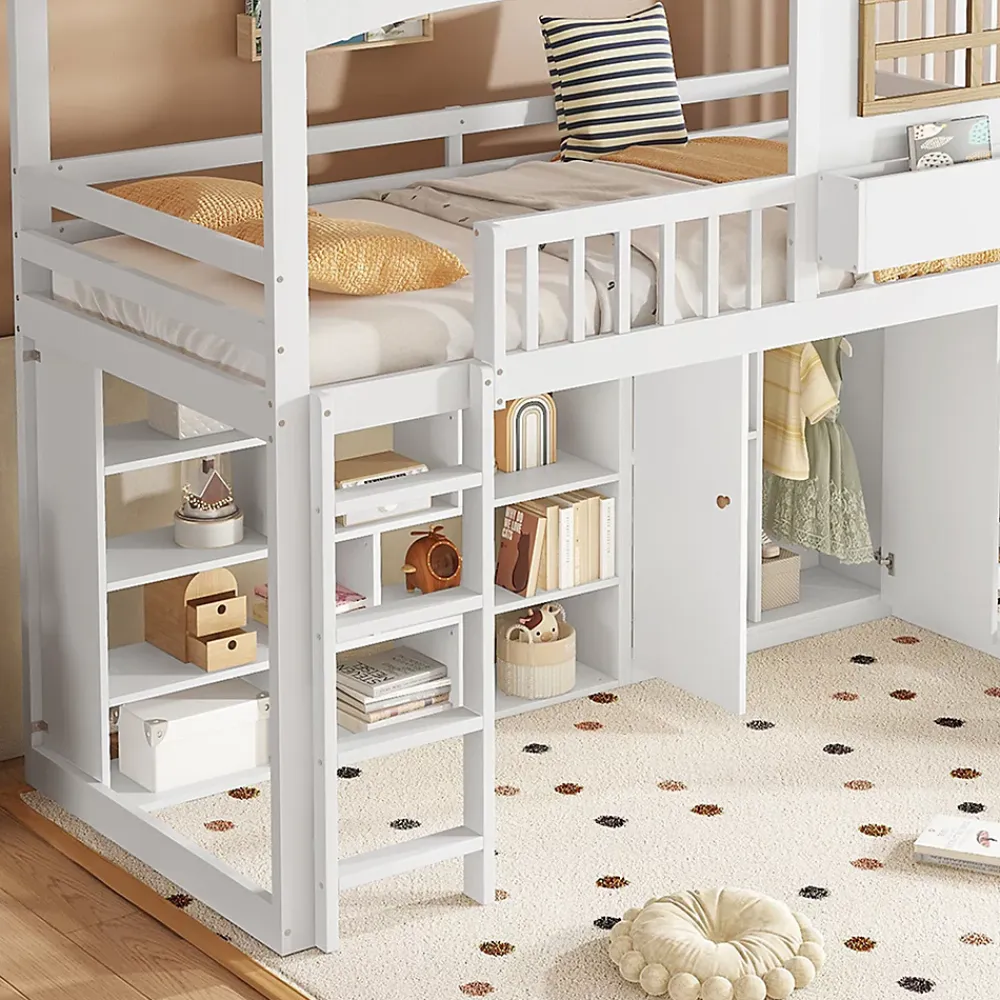 Redom Lit superposé 90x200 cm avec toboggan et armoire intégrée, échelle 4 marches, structure pin et MDF*Enfant Lit Enfant