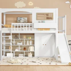 Redom Lit superposé 90x200 cm avec toboggan et armoire intégrée, échelle 4 marches, structure pin et MDF*Enfant Lit Enfant