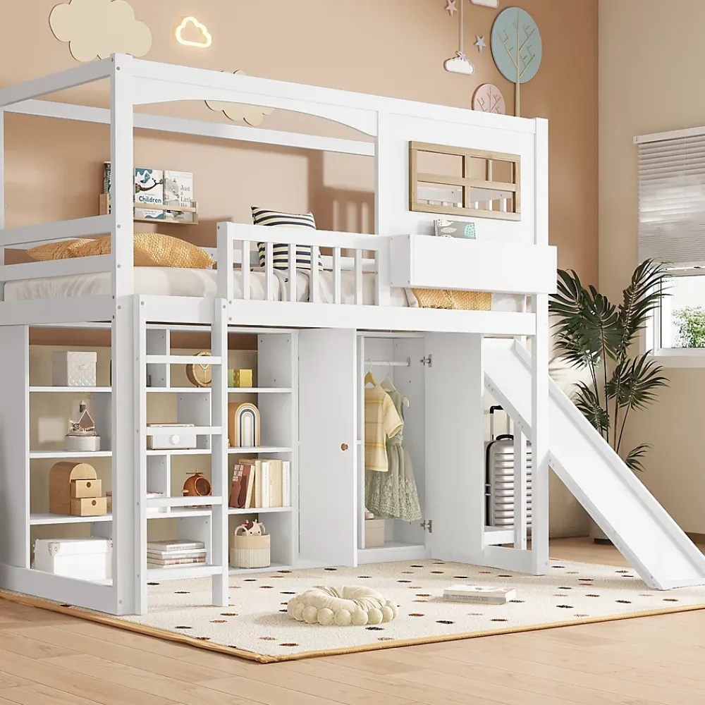 Redom Lit superposé 90x200 cm avec toboggan et armoire intégrée, échelle 4 marches, structure pin et MDF*Enfant Lit Enfant