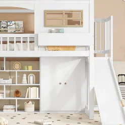 Redom Lit superposé 90x200 cm avec toboggan et armoire intégrée, échelle 4 marches, structure pin et MDF*Enfant Lit Enfant