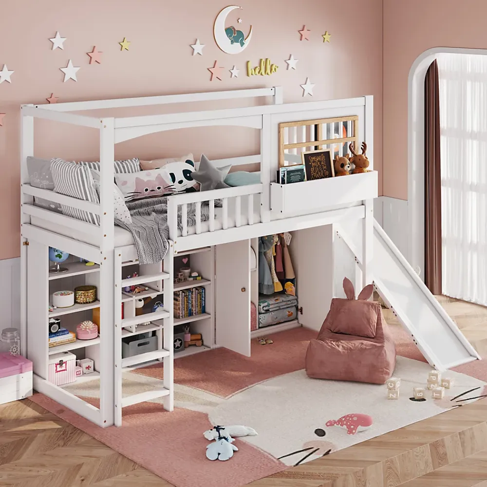 Redom Lit superposé 90x200 cm avec toboggan et armoire intégrée, échelle 4 marches, structure pin et MDF*Enfant Lit Enfant