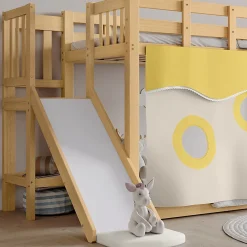Redom Lit superposé 90x200 cm avec toboggan et escalier intégrés, structure pin et MDF, design naturel pour chambre enfant*Enfant Lit Enfant