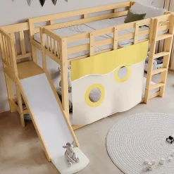 Redom Lit superposé 90x200 cm avec toboggan et escalier intégrés, structure pin et MDF, design naturel pour chambre enfant*Enfant Lit Enfant