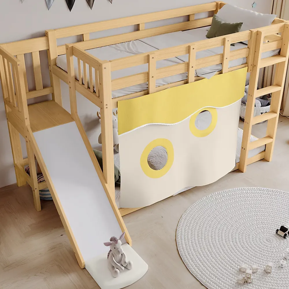Redom Lit superposé 90x200 cm avec toboggan et escalier intégrés, structure pin et MDF, design naturel pour chambre enfant*Enfant Lit Enfant