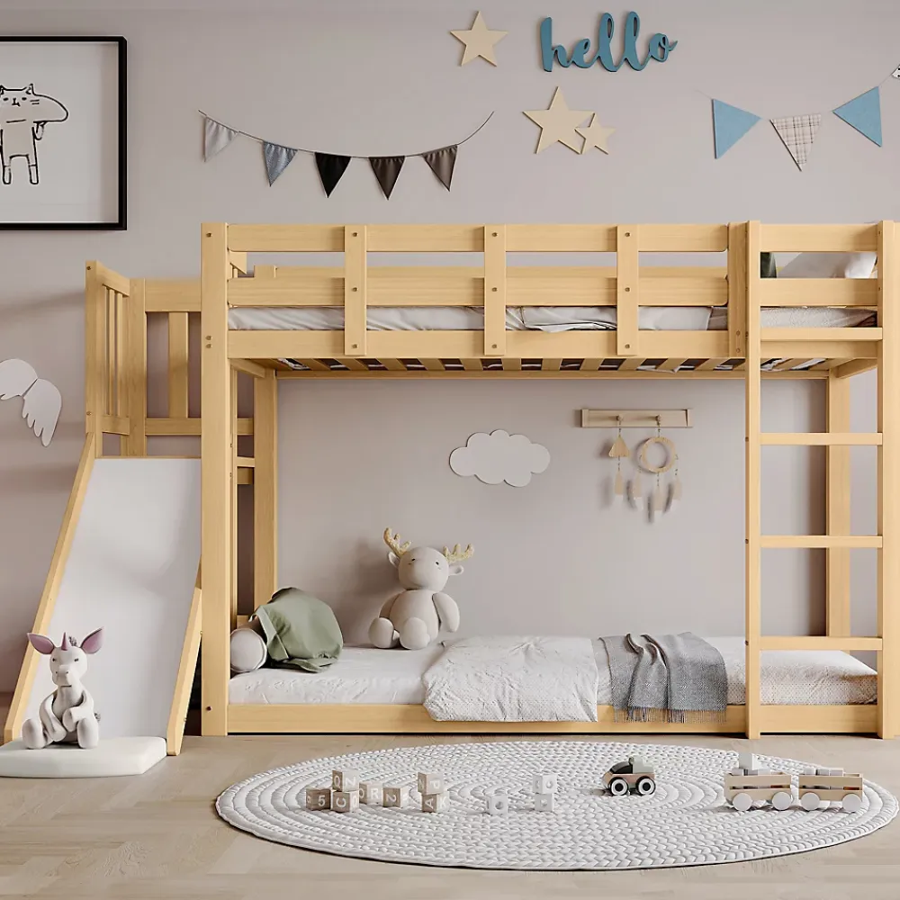 Redom Lit superposé 90x200 cm avec toboggan et escalier intégrés, structure pin et MDF, design naturel pour chambre enfant*Enfant Lit Enfant