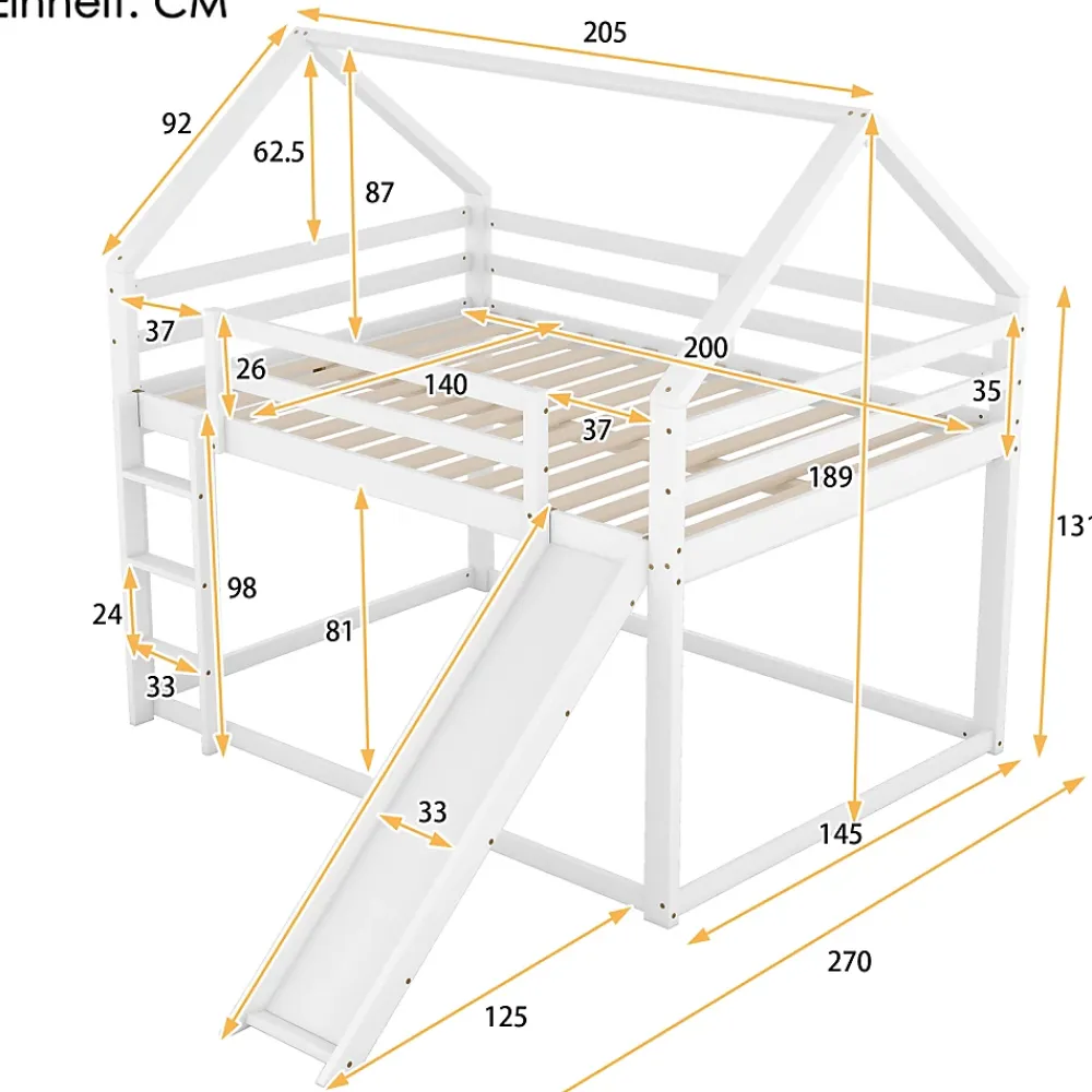 Redom Lit superposé 140x200 cm avec toboggan et échelle, structure en pin massif et MDF, style maison ludique*Enfant Lit Enfant