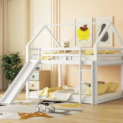 Redom Lit superposé 140x200 cm avec toboggan et échelle, structure en pin massif et MDF, style maison ludique*Enfant Lit Enfant