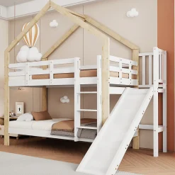 Lit superposé 90x200 cm avec toboggan, lit cabane en bois massif blanc/nature avec barrières de sécurité, lit enfant>ProximaX Hot