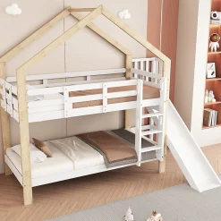 Lit superposé 90x200 cm avec toboggan, lit cabane en bois massif blanc/nature avec barrières de sécurité, lit enfant>ProximaX Hot