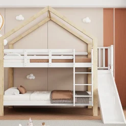 Lit superposé 90x200 cm avec toboggan, lit cabane en bois massif blanc/nature avec barrières de sécurité, lit enfant><noscript><img width=