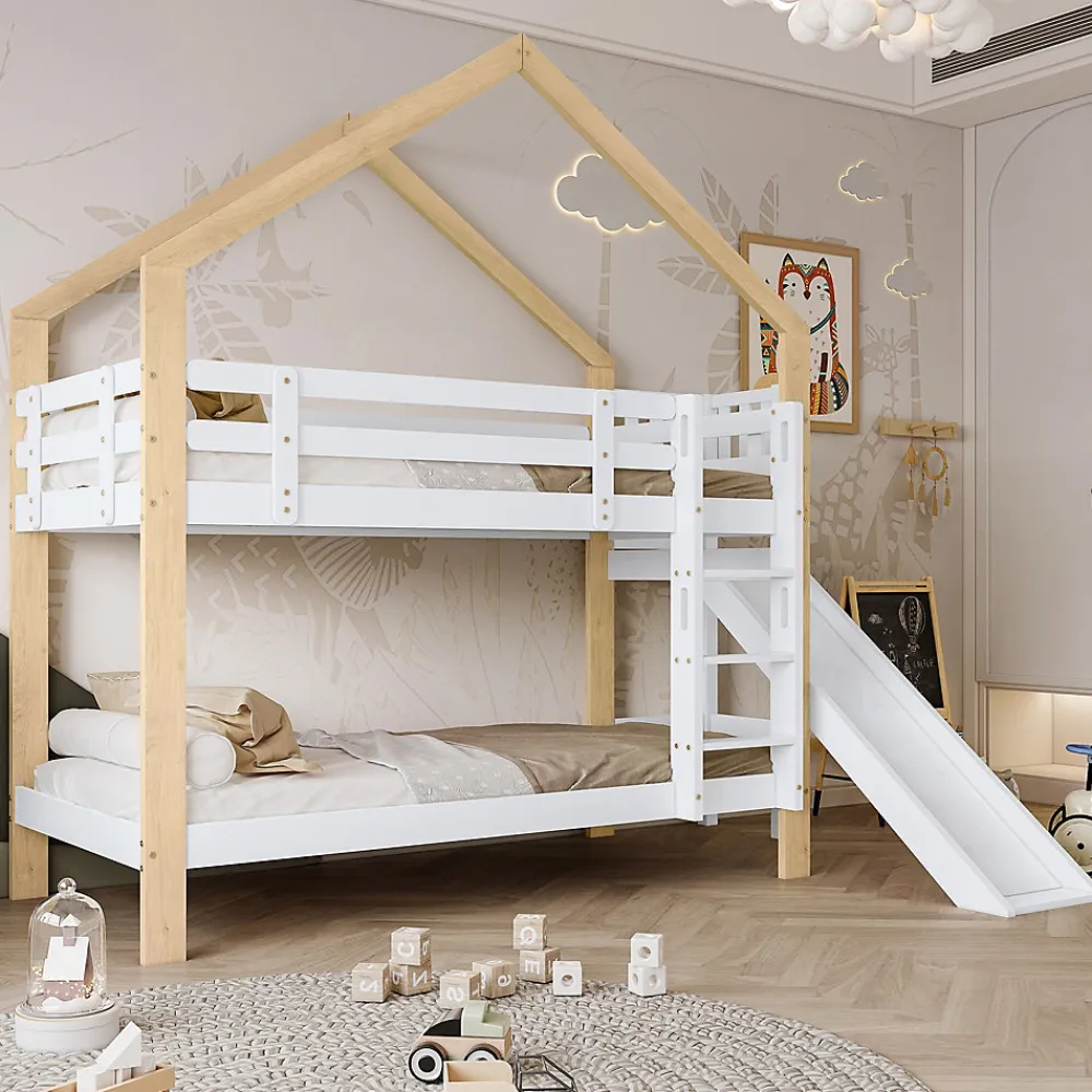Lit superposé 90x200 cm avec toboggan, lit cabane en bois massif blanc/nature avec barrières de sécurité, lit enfant>ProximaX Hot