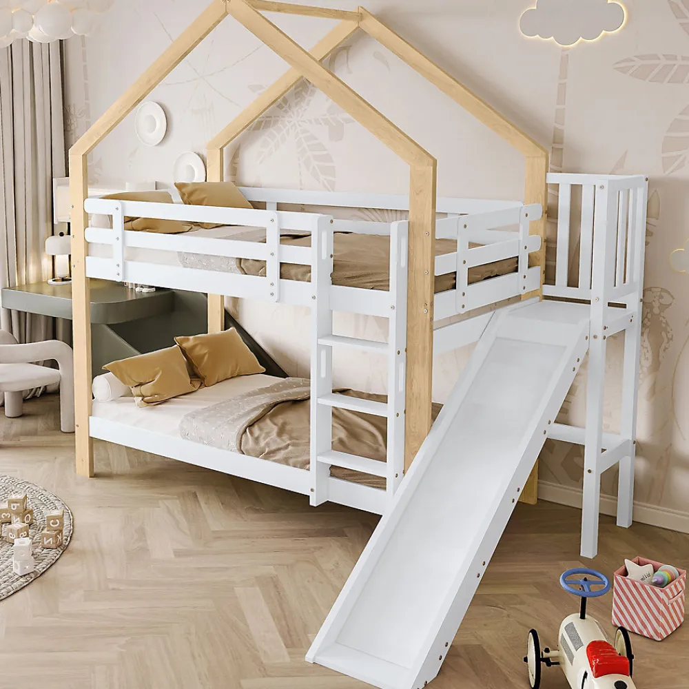 Lit superposé 90x200 cm avec toboggan, lit cabane en bois massif blanc/nature avec barrières de sécurité, lit enfant>ProximaX Hot