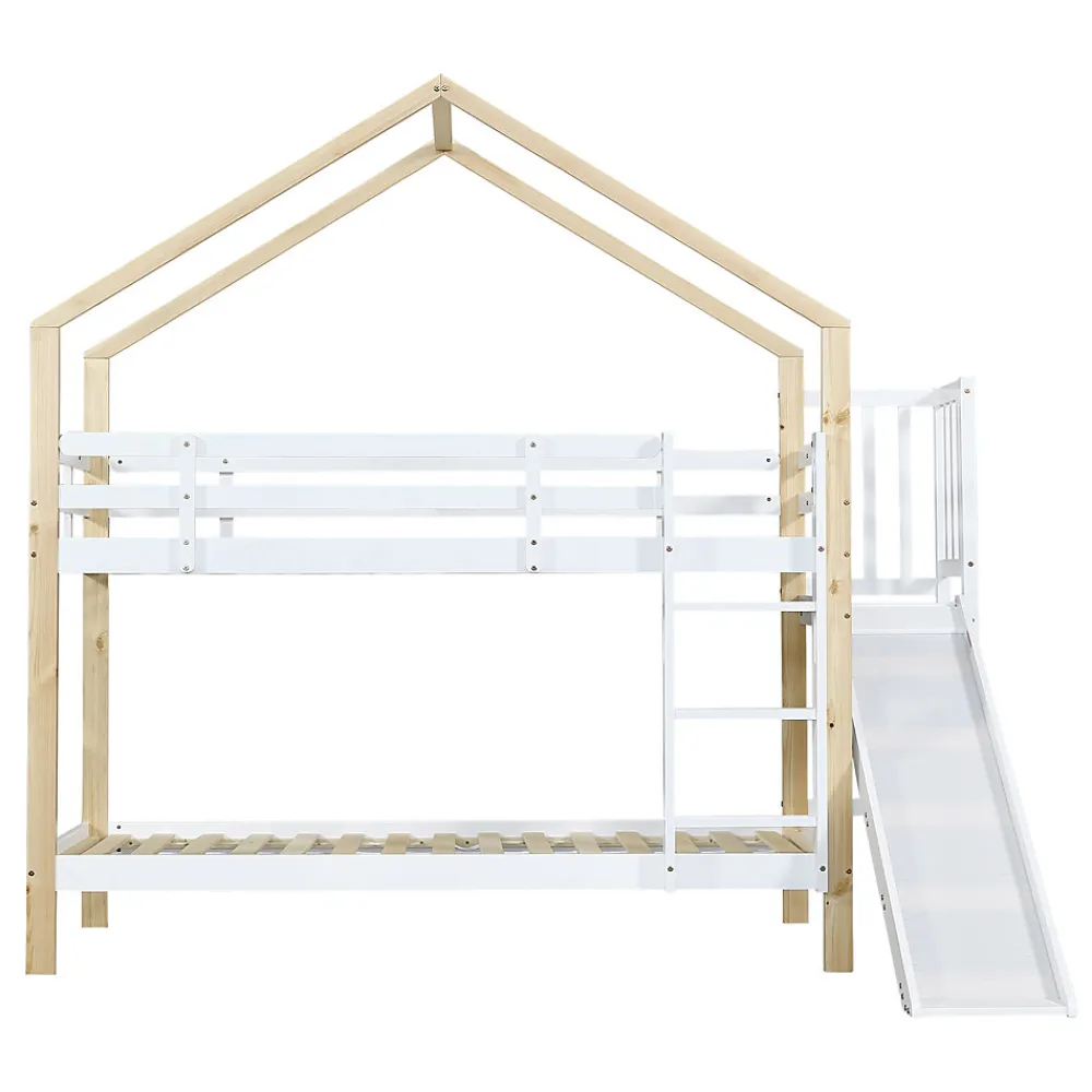 Lit superposé 90x200 cm avec toboggan, lit cabane en bois massif blanc/nature avec barrières de sécurité, lit enfant>ProximaX Hot
