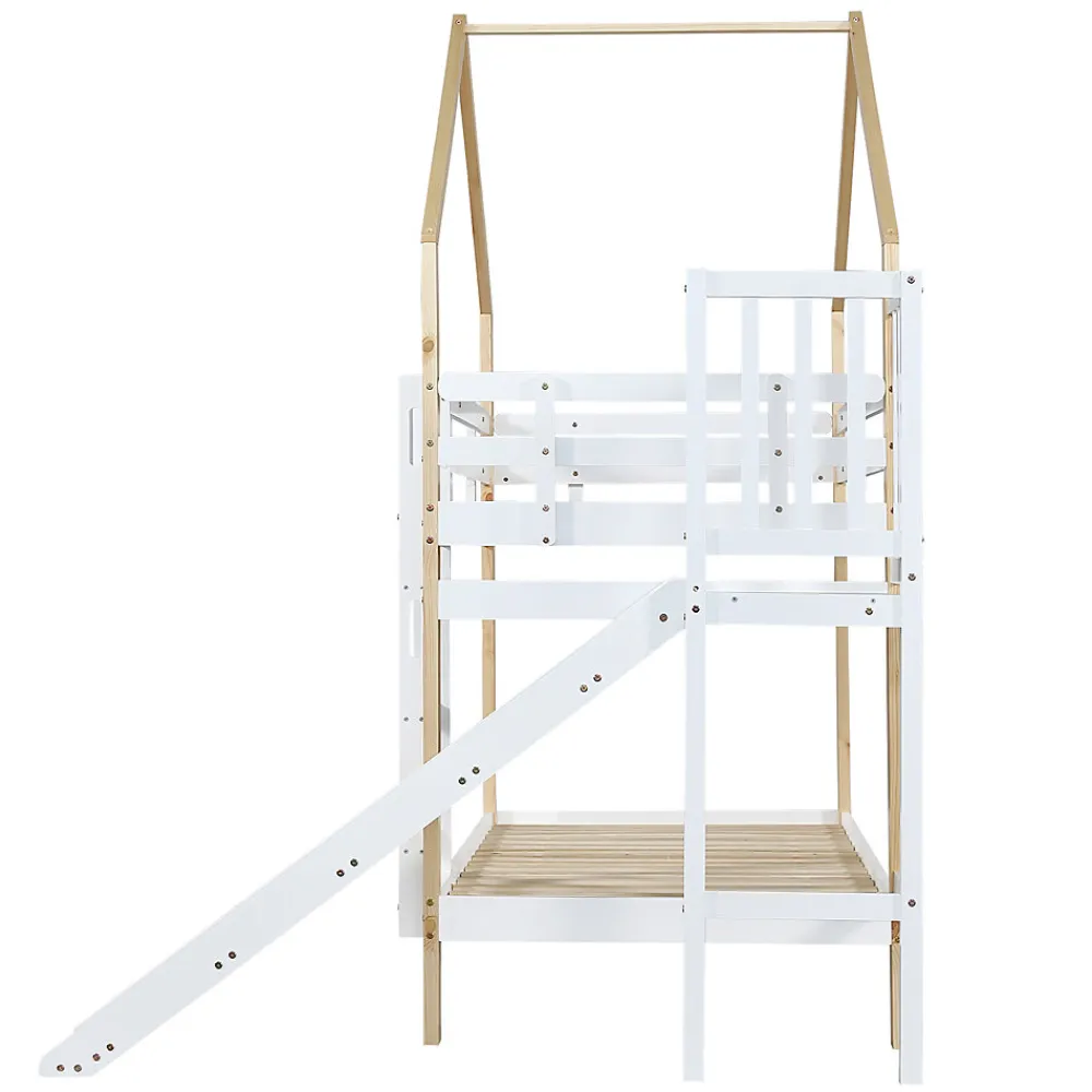 Lit superposé 90x200 cm avec toboggan, lit cabane en bois massif blanc/nature avec barrières de sécurité, lit enfant>ProximaX Hot