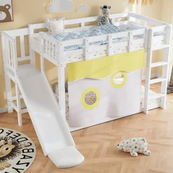 Lit superposé 90x200 cm avec toboggan intégré et échelle, structure bois (MDF + pin) blanc>Redom Online