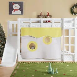 Lit superposé 90x200 cm avec toboggan intégré et échelle, structure bois (MDF + pin) blanc>Redom Online