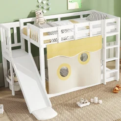 Lit superposé 90x200 cm avec toboggan intégré et échelle, structure bois (MDF + pin) blanc><noscript><img width=