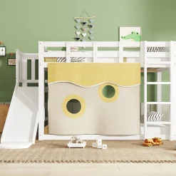 Lit superposé 90x200 cm avec toboggan intégré et échelle, structure bois (MDF + pin) blanc><noscript><img width=
