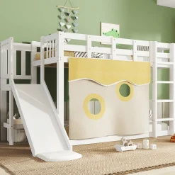 Lit superposé 90x200 cm avec toboggan intégré et échelle, structure bois (MDF + pin) blanc><noscript><img width=