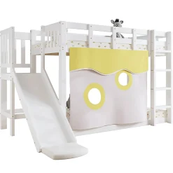 Lit superposé 90x200 cm avec toboggan intégré et échelle, structure bois (MDF + pin) blanc><noscript><img width=