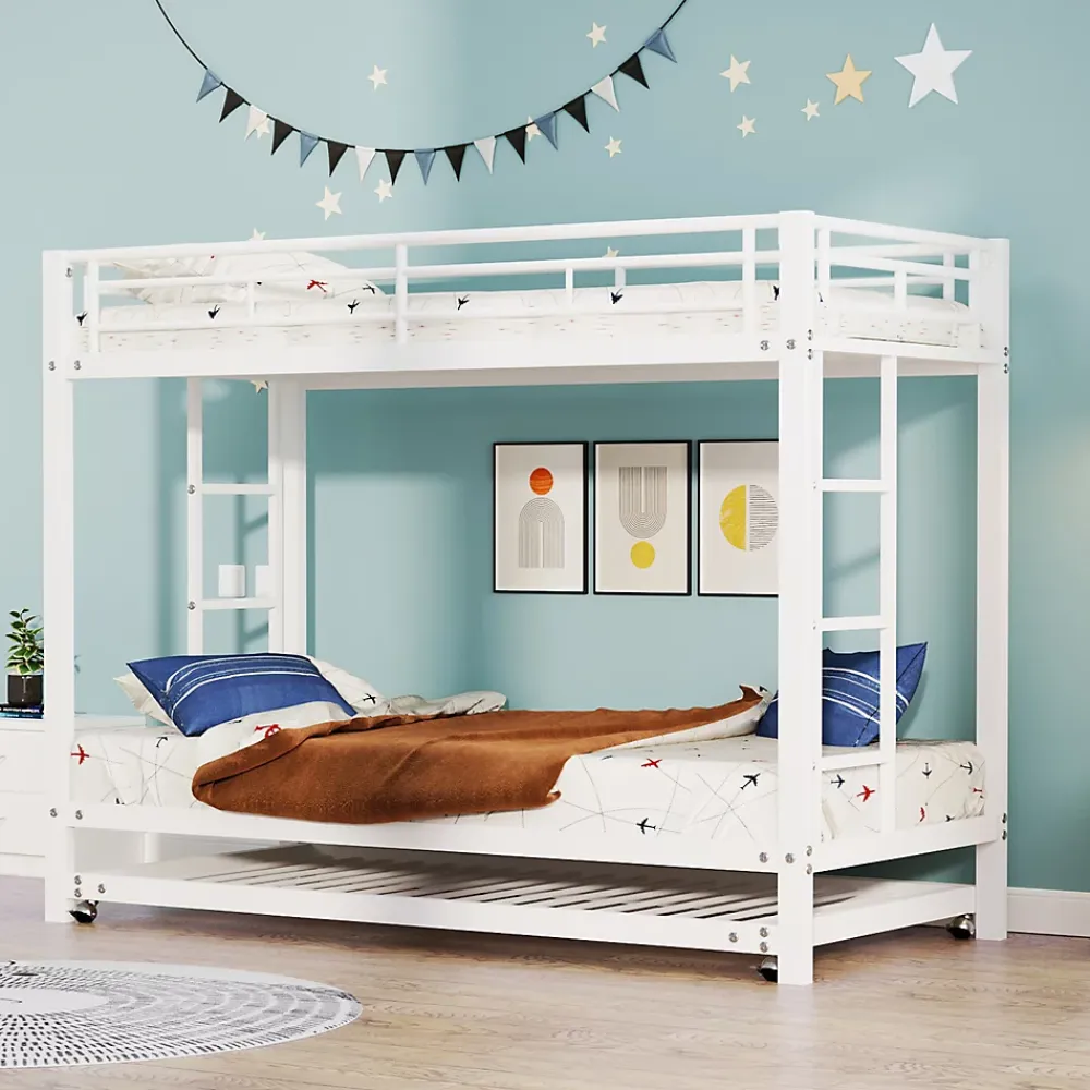 ProximaX Lit superposé 90x200 cm blanc, cadre en fer, lit gigogne 90x190 cm, sommier à lattes, 2 échelles, certifié EN747, durable*Enfant Lit Enfant