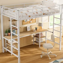 Lit superposé 90x200 cm, cadre métal, table, étagères, sécurité, pour enfants et ados>Fortuna lai