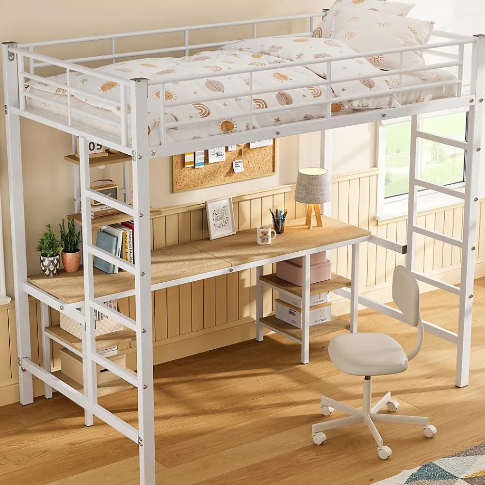 Lit superposé 90x200 cm, cadre métal, table, étagères, sécurité, pour enfants et ados>Fortuna lai