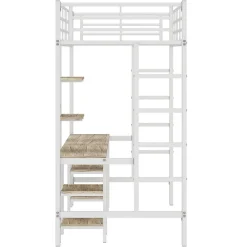 Lit superposé 90x200 cm, cadre métal, table, étagères, sécurité, pour enfants et ados><noscript><img width=