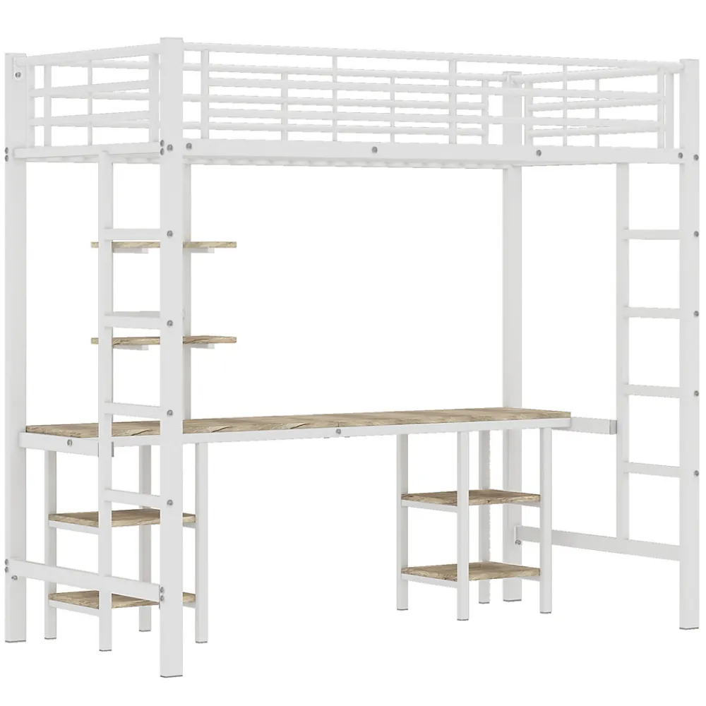 Lit superposé 90x200 cm, cadre métal, table, étagères, sécurité, pour enfants et ados>Fortuna lai