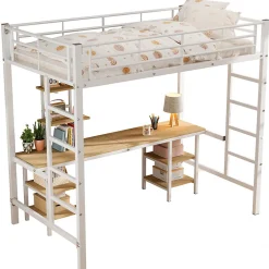 Lit superposé 90x200 cm, cadre métal, table, étagères, sécurité, pour enfants et ados><noscript><img width=