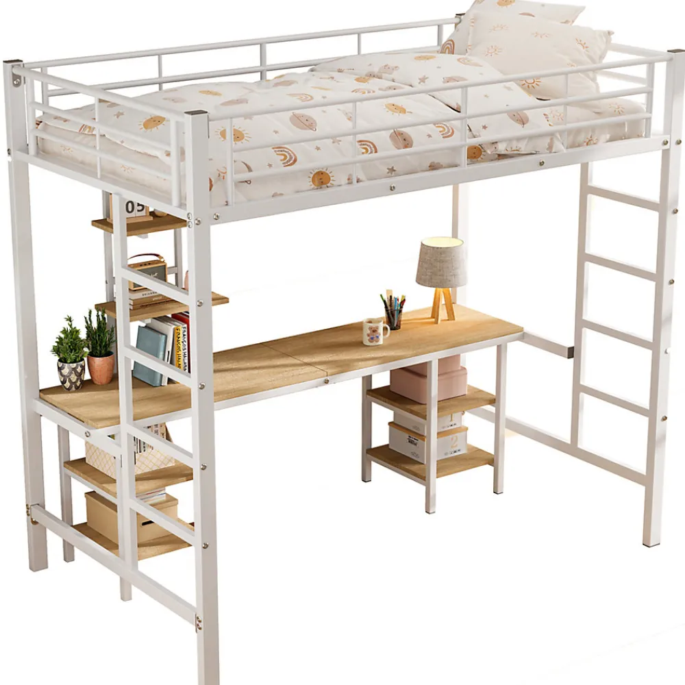 Lit superposé 90x200 cm, cadre métal, table, étagères, sécurité, pour enfants et ados>Fortuna lai