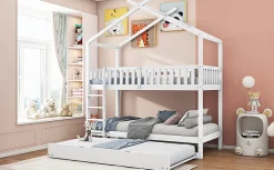 Lit superposé 90x200 cm convertible en 3 lits avec lit gigogne et barrières, structure bois massif blanc>Redom Hot