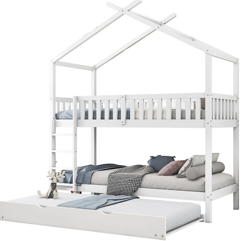 Lit superposé 90x200 cm convertible en 3 lits avec lit gigogne et barrières, structure bois massif blanc>Redom Hot