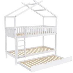 Lit superposé 90x200 cm convertible en 3 lits avec lit gigogne et barrières, structure bois massif blanc><noscript><img width=