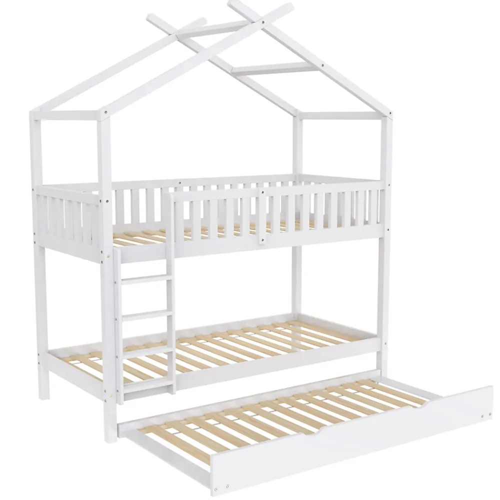 Lit superposé 90x200 cm convertible en 3 lits avec lit gigogne et barrières, structure bois massif blanc>Redom Hot
