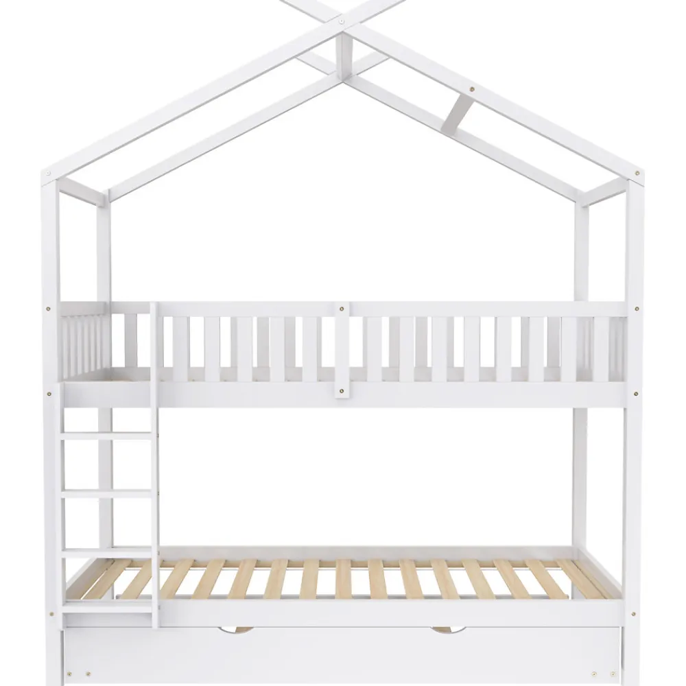 Lit superposé 90x200 cm convertible en 3 lits avec lit gigogne et barrières, structure bois massif blanc>Redom Hot