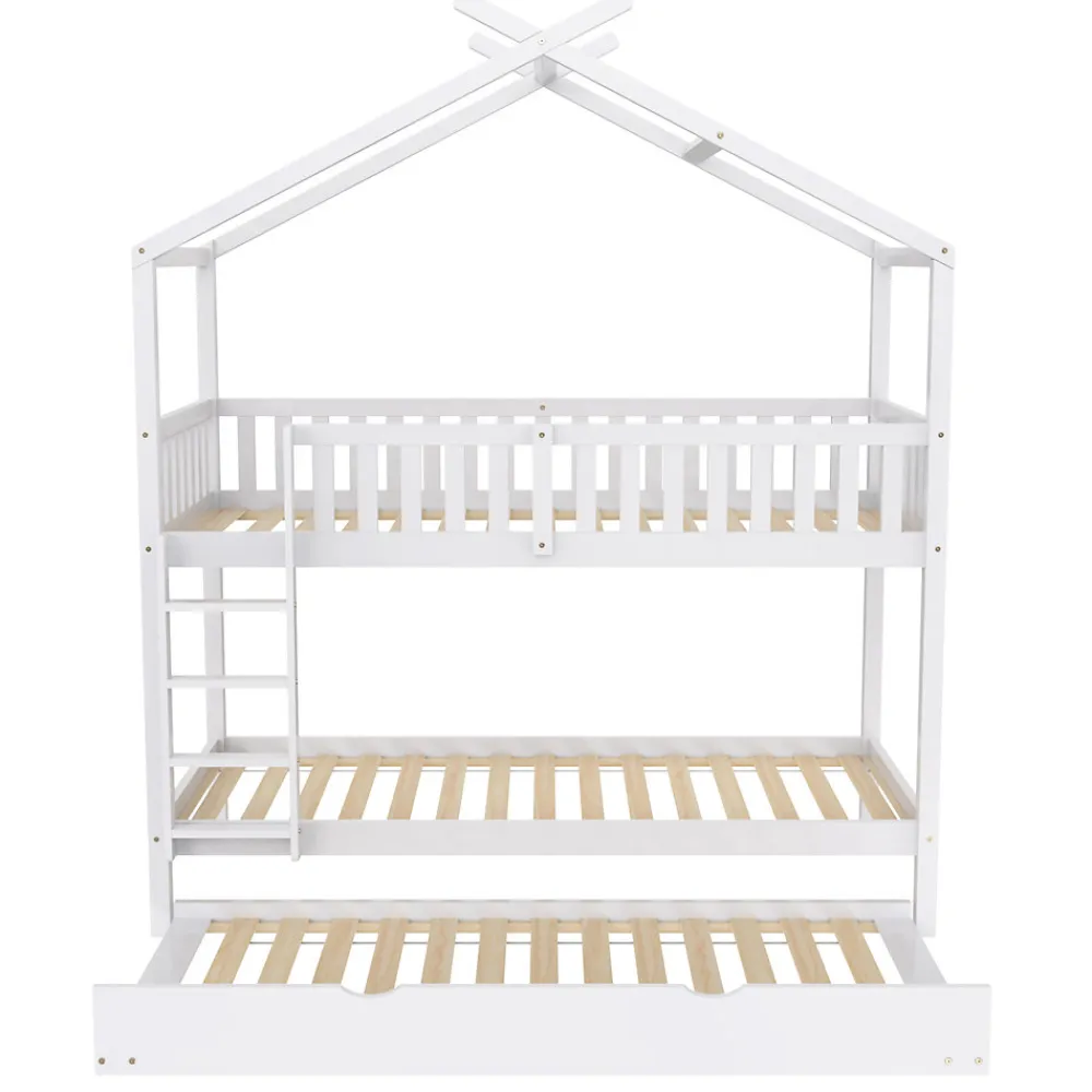 Lit superposé 90x200 cm convertible en 3 lits avec lit gigogne et barrières, structure bois massif blanc>Redom Hot