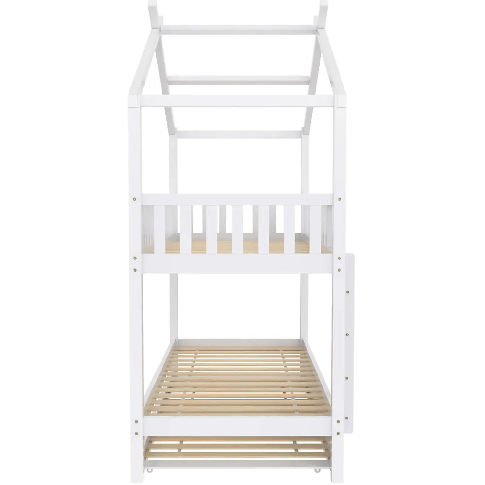 Lit superposé 90x200 cm convertible en 3 lits avec lit gigogne et barrières, structure bois massif blanc>Redom Hot