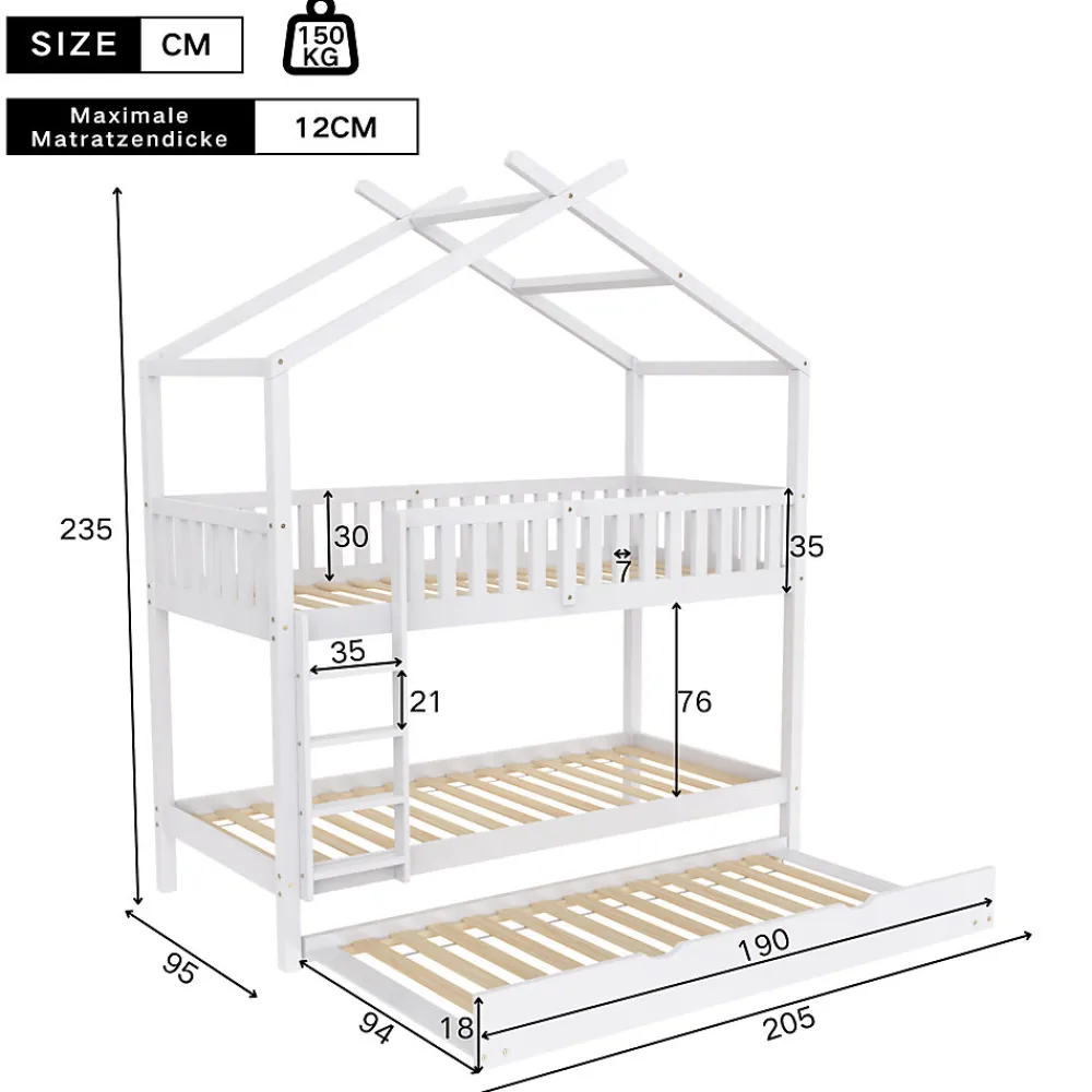 Lit superposé 90x200 cm convertible en 3 lits avec lit gigogne et barrières, structure bois massif blanc>Redom Hot