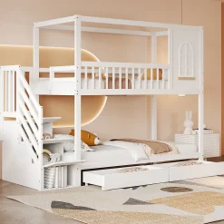 Redom Lit superposé 90x200 cm en bois massif avec tiroirs intégrés, échelle sécurisée et design maison ludique*Enfant Lit Enfant