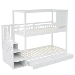 Redom Lit superposé 90x200 cm en bois massif avec tiroirs intégrés, échelle sécurisée et design maison ludique*Enfant Lit Enfant