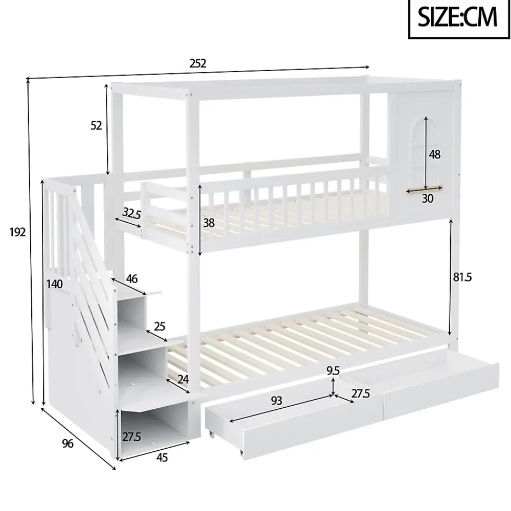 Redom Lit superposé 90x200 cm en bois massif avec tiroirs intégrés, échelle sécurisée et design maison ludique*Enfant Lit Enfant