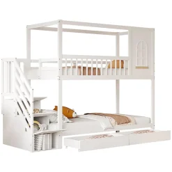 Redom Lit superposé 90x200 cm en bois massif avec tiroirs intégrés, échelle sécurisée et design maison ludique*Enfant Lit Enfant