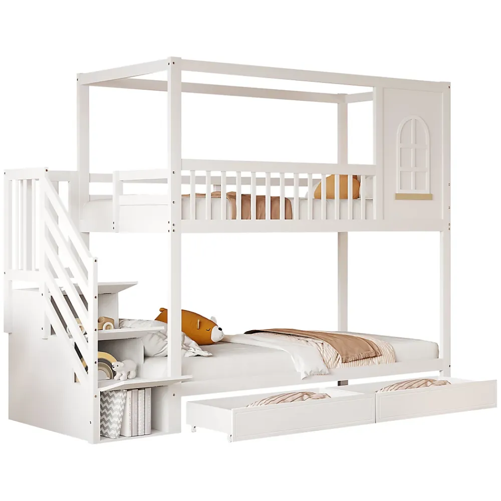 Redom Lit superposé 90x200 cm en bois massif avec tiroirs intégrés, échelle sécurisée et design maison ludique*Enfant Lit Enfant