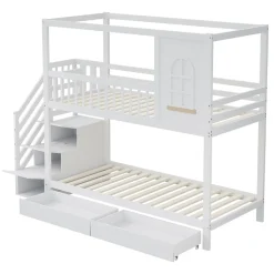 Redom Lit superposé 90x200 cm en bois massif avec tiroirs intégrés, échelle sécurisée et design maison ludique*Enfant Lit Enfant
